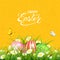 Orange background with butterflies and Easter eggs in grass