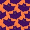 Orange background with funny purple bats in flat cartoon style. Seamless patternwith cute Halloween characters