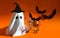 orange background for Halloween decoration. October 31, autumn holiday. a ghost in a hat, a pumpkin and flying mice.