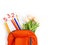 Orange backpack with school supplies and tulips on a white background. The concept of the school