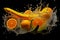 Orange with Bananas water splash on black background