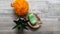 Orange Bath Sponge, Rose Decorated Soap Tray, Green Soap, Aloe Vera. Body care.