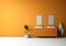 Orange bathroom interior with double sink on empty space for text. AI Generative