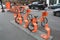 Orange bikes for rent and traffic in Portland, Oregon