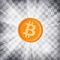 Orange bitcoin cryptocurrency in bright rays on chequered ba