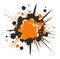 Orange and black comic book explosion bubble with splatter effects. Dynamic action boom blast concept. Excitement and