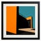 an orange and black framed art print of a building