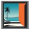 an orange and black framed poster with a chair and palm tree in front of the ocean