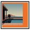 an orange and black framed poster with a pool and a palm tree