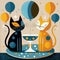 An orange and black retro style cats party with a champagne glass and Balloons