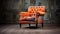 Orange And Black Tufted Chair With Distressed And Weathered Surfaces
