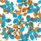 Orange and blue leaves and little bronze branchs on white background seamless pattern
