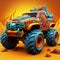 Orange And Blue Monster Truck With Fire - Highly Detailed And Surrealistic