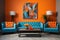 Orange and blue tufted sofas near stucco wall. Art deco interior design of modern living room