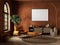 Orange boho style interior with blank poster, armchair, dresser and decor. 3d render illustration mockup.