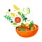 Orange bowl with slices of tomato, lemon and herbs. Vector illustration on a white background.