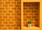 Orange brick wall texture background with wooden rectangle.
