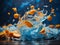 Orange bubbles on blue water. Abstract background. Shallow depth of field. Generative AI