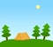 Orange camping tent among fir trees, under clear blue skies, vector