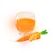 Orange carrots, whole and cutted to disks are near glass of juice. Fresh vegetables and beverage.