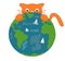 The orange cat and the earth funny cute cartoon illustration