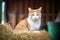 orange cat with green eyes sitting on hay bale in barn