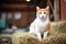 orange cat with green eyes sitting on hay bale in barn