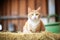 orange cat with green eyes sitting on hay bale in barn