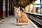 Orange cat sit on the train station