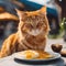 an orange cat sitting in front of a plate of pancakes