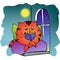 Orange cat or tiger reading a book in the evening. Bright doodle drawing of cute cat character for kids book illustration, card pr