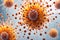 Orange cells of a dangerous virus under a microscope, 3D. Micro world