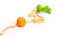 Orange, centimeter tape, green dumbbells on a white background with space for text.