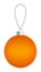 Orange Christmas ball hanging on a thread isolated on a white background.