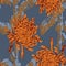 Orange Chrysanthemum flower drawing Seamless Pattern on Blue. Modern Florals