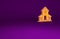 Orange Church building icon isolated on purple background. Christian Church. Religion of church. Minimalism concept. 3d