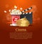 Orange Cinema Movie Design Poster design. Vector template banner for movie premiere or show with seats, popcorn box