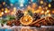 orange cinnamon spices and pine cones with christmas design