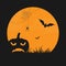 Orange circle on black background with pumpkin silhouette, spider web and bat, Halloween