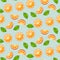 Orange citrus with green leaves on blue background. Juicy seamless vector pattern.