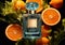 Orange citrus perfume fragrance bottle on top of ripe oranges with leaves.Macro.AI Generative