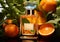 Orange citrus perfume fragrance bottle on top of ripe oranges with leaves.Macro.AI Generative