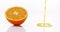 Orange, citrus sinensis, Orange Juice Flowing against White background,