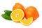 Orange clementine or minneola tangelo with slices and green leaves isolated on white background. Tangerine. Citrus fruit