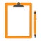 Orange clipboard with white paper and pen put alongside.