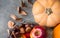 Orange Color Peachy Heirloom Pumpkin Red Glossy Apples Pomegranates Chestnuts Persimmons in Basket. Thanksgiving