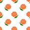 Orange colored pumpkin with green leaves isolated on white background is in Seamless pattern
