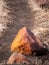 Orange-colored rock situated near a rugged dirt pathway in  field of lush green grass