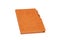 A orange coloured leather daily planner has a side pen holder retaining clamp.