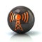 Orange communication tower icon on black glossy sphere